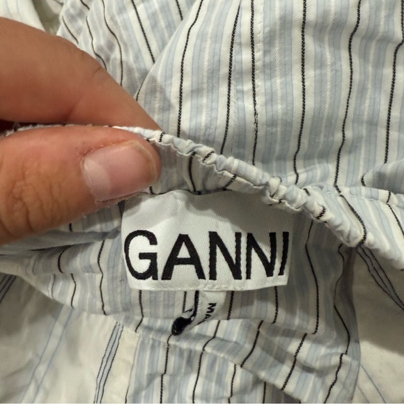 GANNI Blouse Cotton Puff Sleeve Button Down in Blue Striped - Picture 8 of 10